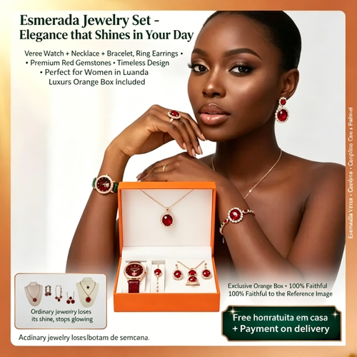 💎 5-in-1 Luxury Red Gem Jewelry Set: Watch + Necklace + Ring + Earrings