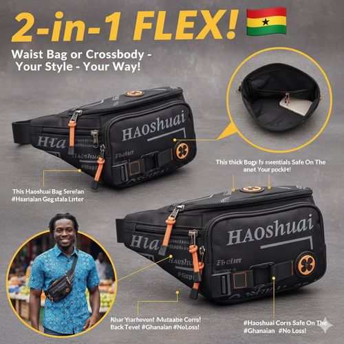 Sac banane Haoshuai multifonctionnel, 🌟🛍️peut être porté à la taille ou en bandoulière, 🔀👖avec plusieurs poches pour les essentiels du quotidien. 📱🔑