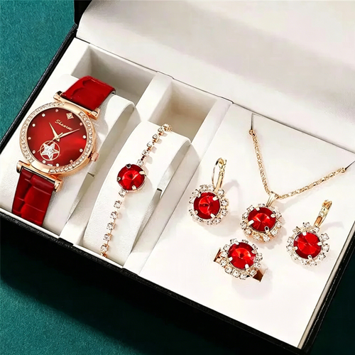 💎 5-in-1 Luxury Red Gem Jewelry Set: Watch + Necklace + Ring + Earrings