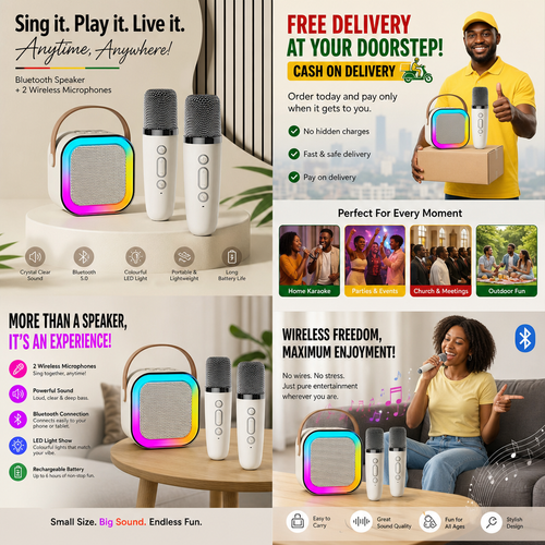 🎤🔊 Portable Bluetooth Karaoke Speaker with 2 Wireless Mics – RGB LED Lights, Powerful Sound, Rechargeable & Perfect for Parties, Home & Outdoor