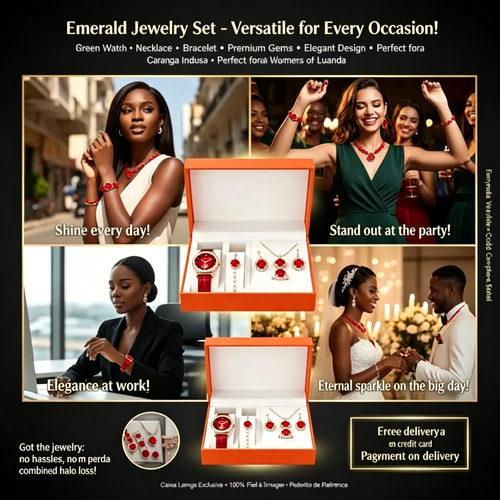 💎 5-in-1 Luxury Red Gem Jewelry Set: Watch + Necklace + Ring + Earrings