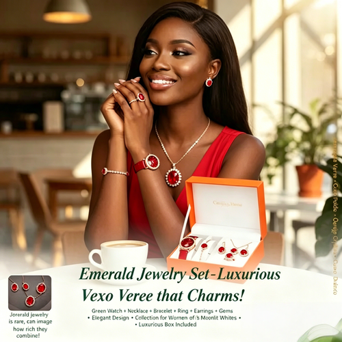 💎 5-in-1 Luxury Red Gem Jewelry Set: Watch + Necklace + Ring + Earrings