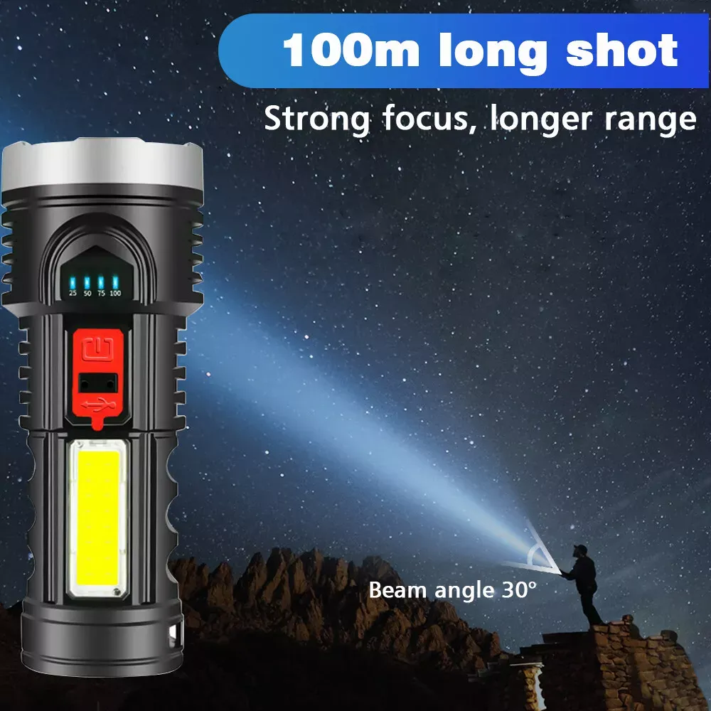 Powerful LED Flashlight Rechargeable COB Flashlight and Side Light for Camping and Hiking