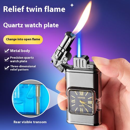 A double-fire inflatable lighter with a head-catching crocodile embossed pattern, featuring a multi-functional design with a watch face and a breathable compartment, and a direct ignition feature