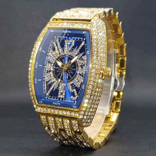 Full of Diamond Hip Hop Weird Digital Men's Watch Wine Barrel Shaped Black Disc Handsome Rap Quartz Watch