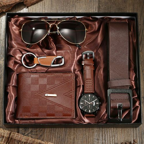 Trendy Fashion Men Business Quartz Wrist Watch Wallet Quartz Three-eye Calendar Roman Scale Belt Leather Man Gift Box Set