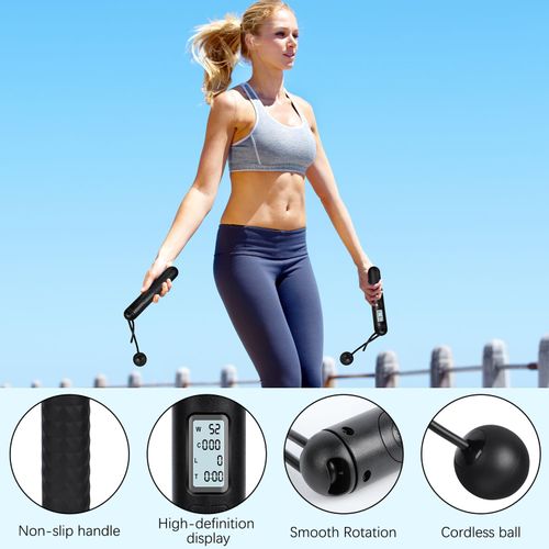 Smart Digital Jump Rope Set with Weighted Balls - LCD Auto Count Timer Cordless Skipping Rope for Effective Fat Burning, Cardio, and Quiet Home Gym Exercise (Space Saving)
