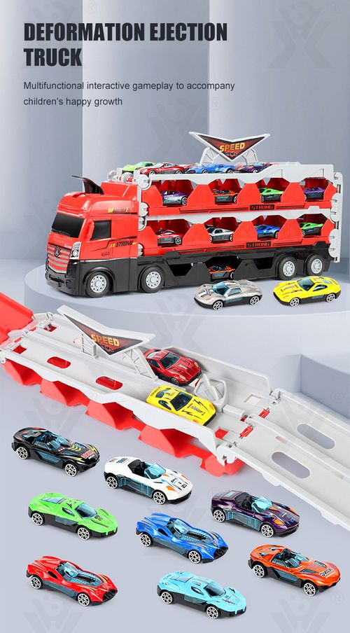 24 small cars, a giant transport truck with a catapult track