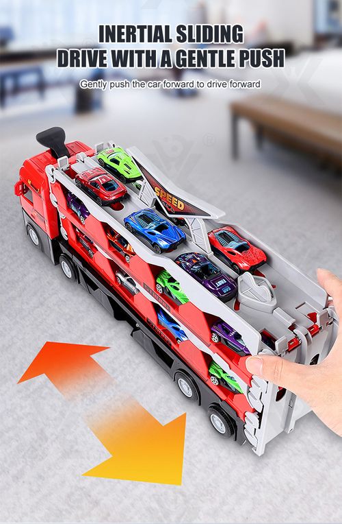 24 small cars, a giant transport truck with a catapult track