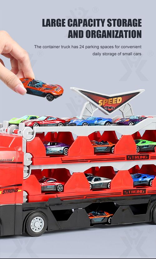 24 small cars, a giant transport truck with a catapult track