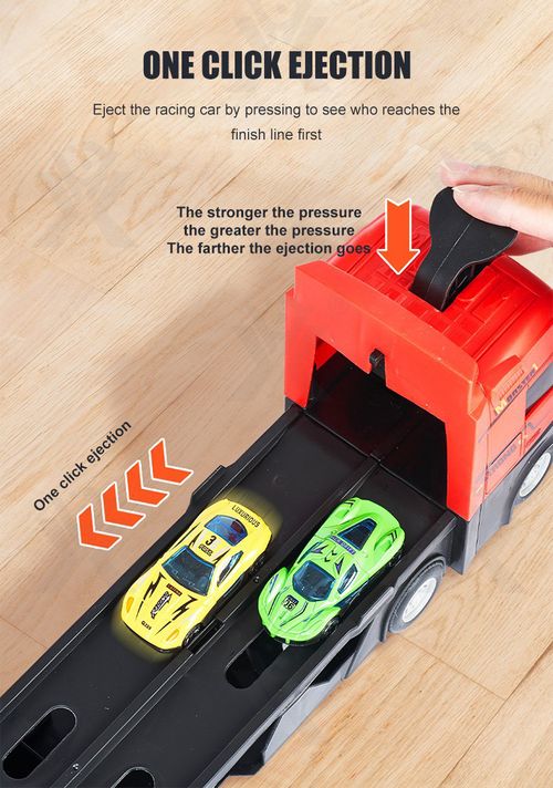 24 small cars, a giant transport truck with a catapult track