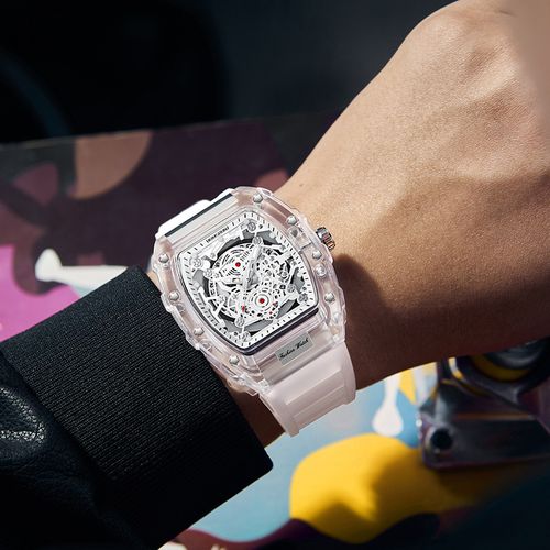 KlMSDUN-Stylish Skeleton Sport Watches, Waterproof, Analog Quartz Date CalendarWristwatch, Transparent Tonneau Case Casual Watch, Silicone Strap for Men Unisex