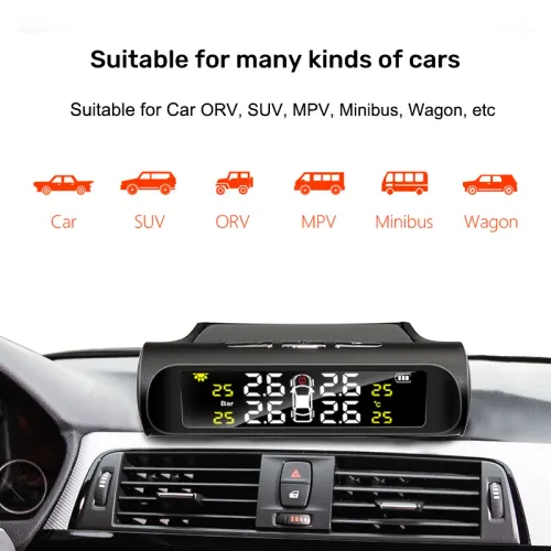 Tire Pressure Monitoring Smart Car Tpms System Solar Digital LCD Display USB Car Safety Alarm Sensor Brand New