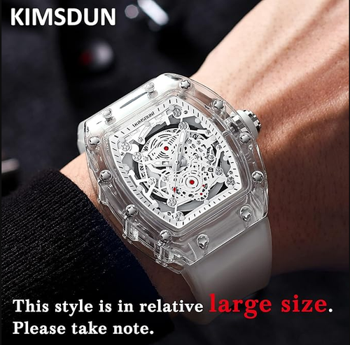 KlMSDUN-Stylish Skeleton Sport Watches, Waterproof, Analog Quartz Date CalendarWristwatch, Transparent Tonneau Case Casual Watch, Silicone Strap for Men Unisex