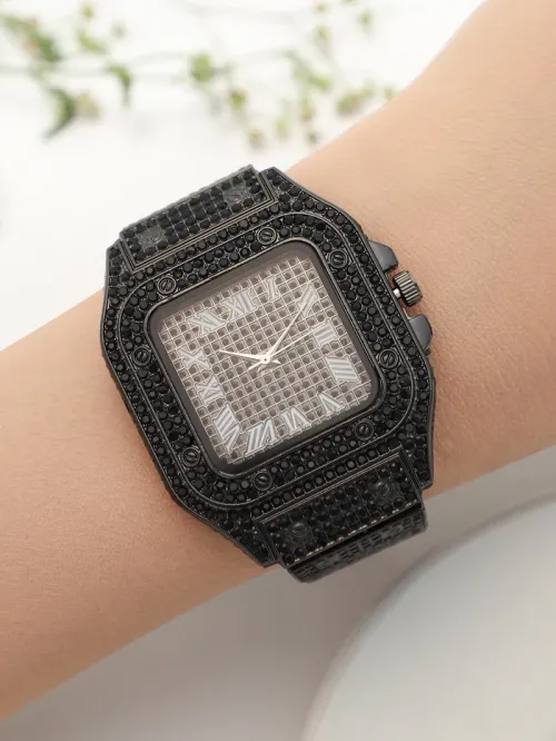 Men's Black Quartz Watch, Square Diamond Geneva Steel Bracelet, Luxury Hip Hop Style