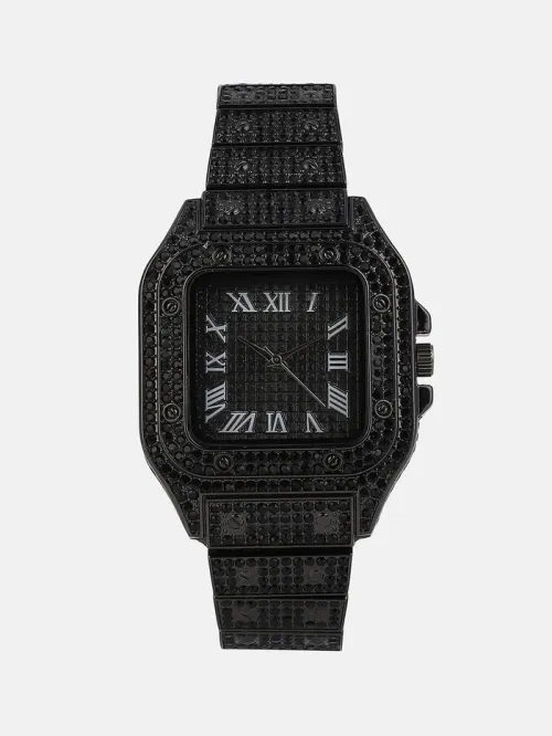 Men's Black Quartz Watch, Square Diamond Geneva Steel Bracelet, Luxury Hip Hop Style