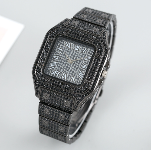 Men's Black Quartz Watch, Square Diamond Geneva Steel Bracelet, Luxury Hip Hop Style