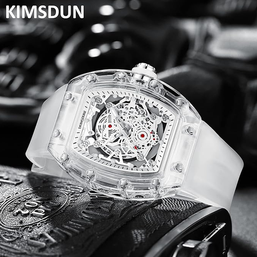 KlMSDUN-Stylish Skeleton Sport Watches, Waterproof, Analog Quartz Date CalendarWristwatch, Transparent Tonneau Case Casual Watch, Silicone Strap for Men Unisex
