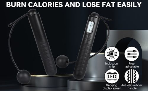 Smart Digital Jump Rope Set with Weighted Balls - LCD Auto Count Timer Cordless Skipping Rope for Effective Fat Burning, Cardio, and Quiet Home Gym Exercise (Space Saving)
