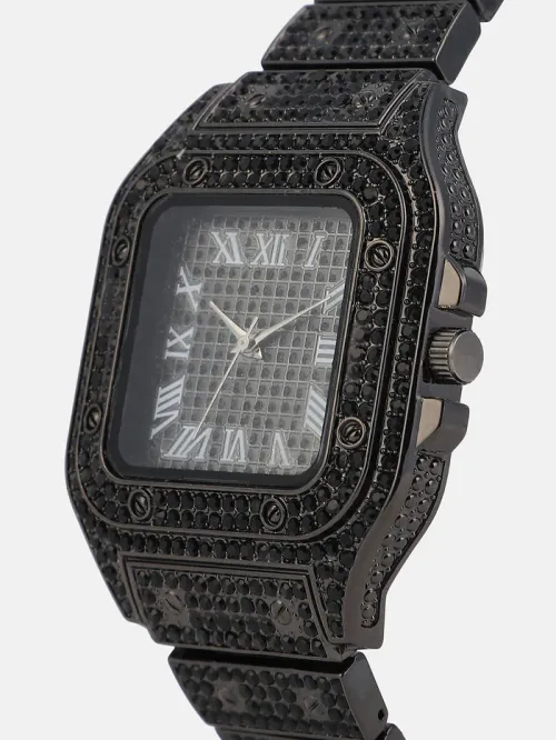 Men's Black Quartz Watch, Square Diamond Geneva Steel Bracelet, Luxury Hip Hop Style