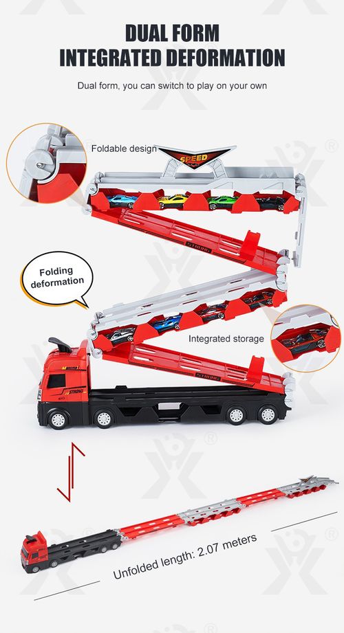24 small cars, a giant transport truck with a catapult track