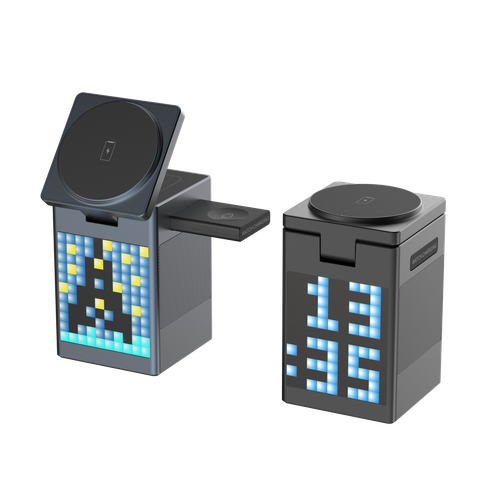 2025 New Multi-Function 6 in 1 Wireless Phone Charger 15W Magnetic Fast Charging Stand With Speaker Alarm Clock Charging Stand