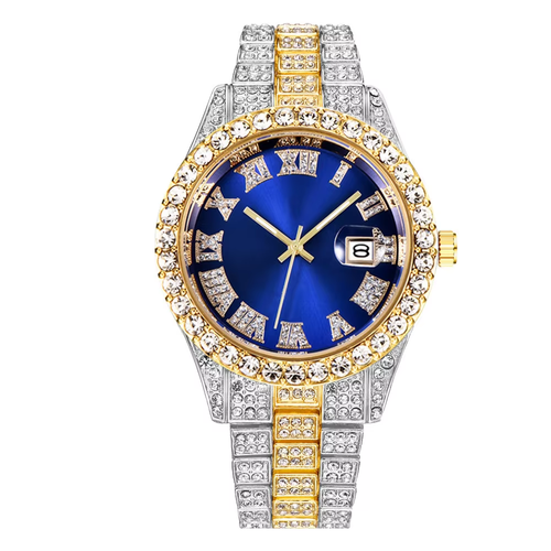 Luxury Custom Bling Hip Hop Fully Iced Out Watches Silver Gold Blue Dial Quartz Diamond Watches Men Wrist YT051