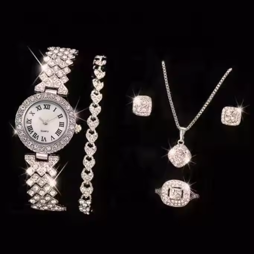 New Full Diamond Alloy Strap Ladies Bracelet Watch Set for Women's Quartz Watch Exquisite Five Piece Set
