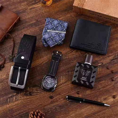 6-piece gift set hot selling luxury men's gift set pen strap wallet watch, business leather strap men's watch set