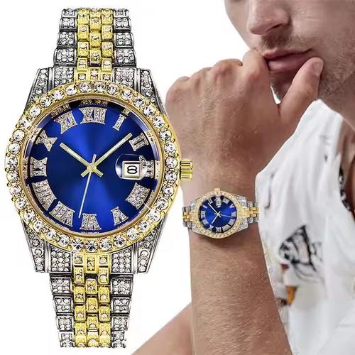 Luxury Custom Bling Hip Hop Fully Iced Out Watches Silver Gold Blue Dial Quartz Diamond Watches Men Wrist YT051
