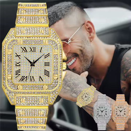 Men's Basic Waterproof Moissanite Watch with Band andDiamond Fashion Ring Watches Custom MechanicalMoissanite Watch