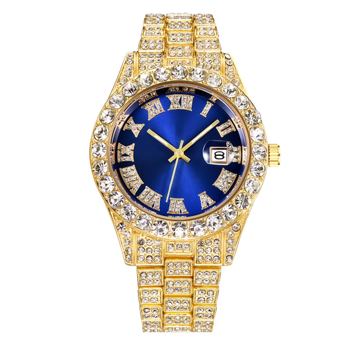 Luxury Custom Bling Hip Hop Fully Iced Out Watches Silver Gold Blue Dial Quartz Diamond Watches Men Wrist YT051