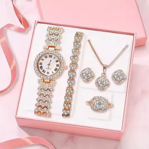 New Full Diamond Alloy Strap Ladies Bracelet Watch Set for Women's Quartz Watch Exquisite Five Piece Set