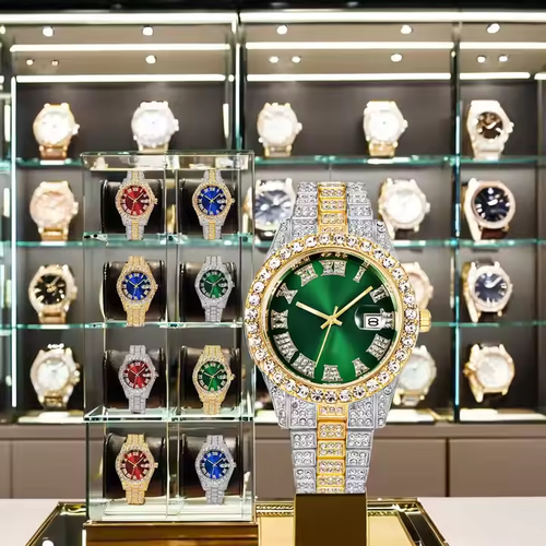 Luxury Custom Bling Hip Hop Fully Iced Out Watches Silver Gold Blue Dial Quartz Diamond Watches Men Wrist YT051