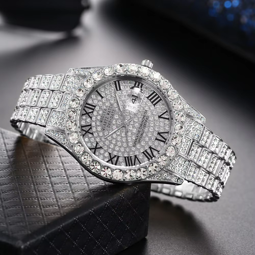 Luxury Fashion Mens Diamond Watch Male Bling Sports Quartz Wristwatch Calendar Clock Men Business Casual Watch