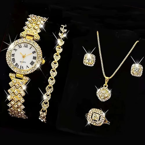 New Full Diamond Alloy Strap Ladies Bracelet Watch Set for Women's Quartz Watch Exquisite Five Piece Set