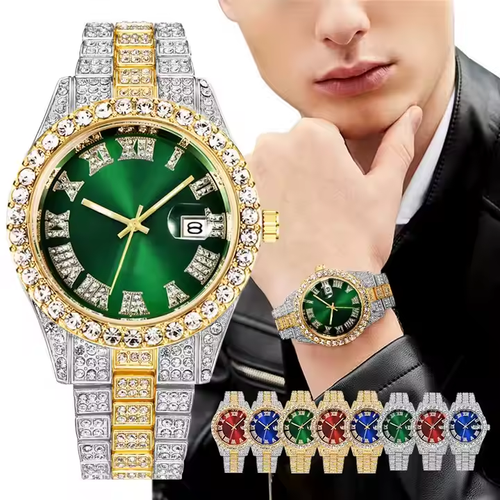 Luxury Custom Bling Hip Hop Fully Iced Out Watches Silver Gold Blue Dial Quartz Diamond Watches Men Wrist YT051