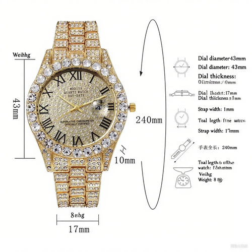 Luxury Fashion Mens Diamond Watch Male Bling Sports Quartz Wristwatch Calendar Clock Men Business Casual Watch