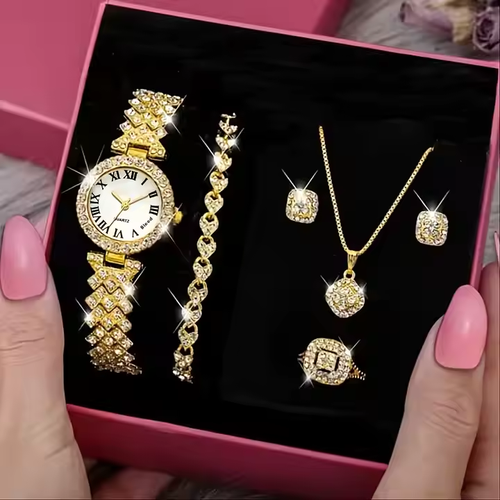 New Full Diamond Alloy Strap Ladies Bracelet Watch Set for Women's Quartz Watch Exquisite Five Piece Set