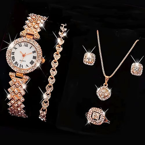 New Full Diamond Alloy Strap Ladies Bracelet Watch Set for Women's Quartz Watch Exquisite Five Piece Set