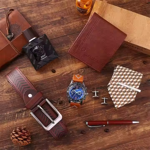 6-piece gift set hot selling luxury men's gift set pen strap wallet watch, business leather strap men's watch set