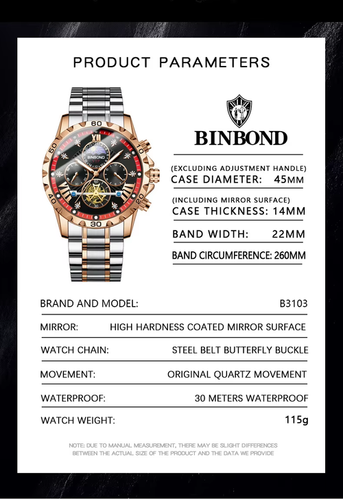 BINBOND B3103 3103 Hot Sales Leisure Business Multi-functional Large Dial Quartz Men Stainless Steel Belt Watch Luminous Watches