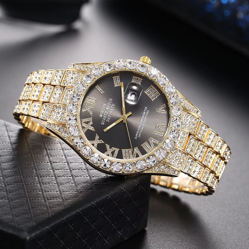 Luxury Fashion Mens Diamond Watch Male Bling Sports Quartz Wristwatch Calendar Clock Men Business Casual Watch