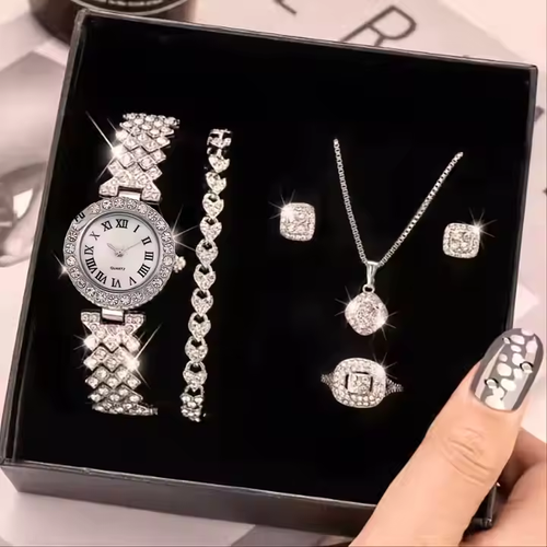 New Full Diamond Alloy Strap Ladies Bracelet Watch Set for Women's Quartz Watch Exquisite Five Piece Set