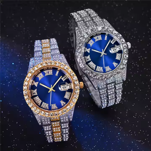 Luxury Custom Bling Hip Hop Fully Iced Out Watches Silver Gold Blue Dial Quartz Diamond Watches Men Wrist YT051