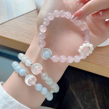 Moonlight Moon Shadow ~ Natural Pink Crystal Aquamarine Opal Fritillary Moon Beaded Bracelet Girl Girlfriends Bracelet