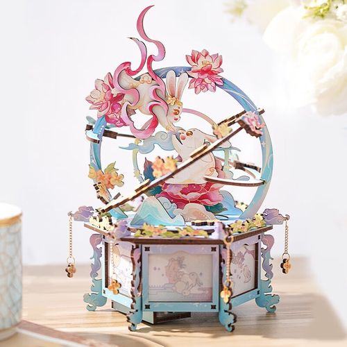 故宫文化 玉兔花苑木质拼装夜灯八音盒 手工DIY小夜灯