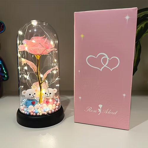 1pc Glow-in-the-Dark Rose Flower Decoration with LED-like Glow - Elegant Tabletop Centerpiece in Clear Dome, Battery-Powered (AAA Not Included) - Perfect Gift for Valentine's