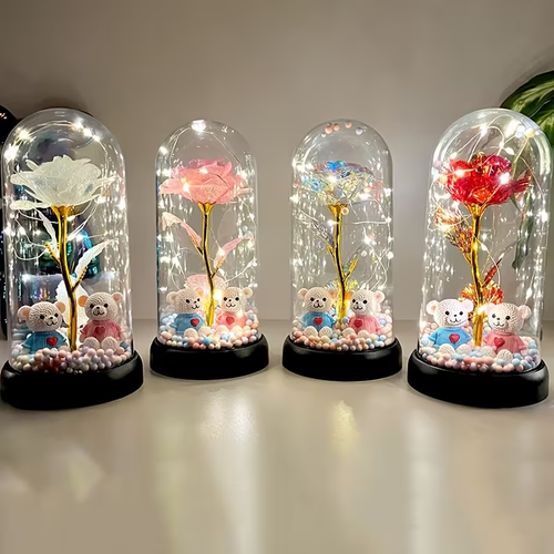 1pc Glow-in-the-Dark Rose Flower Decoration with LED-like Glow - Elegant Tabletop Centerpiece in Clear Dome, Battery-Powered (AAA Not Included) - Perfect Gift for Valentine's