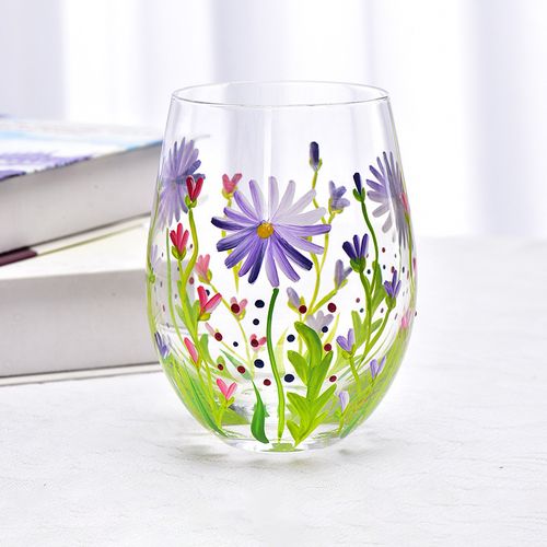 1pc,Glass Cup,Crystal Glass Cup,Beverage Glass Cup Set,Hand Drawn Summer Flowers Glass Cup,Clear Lead-Free Premium Blown Glassware